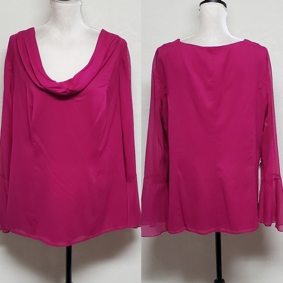 KAY Unger Vintage Fuschia Pink Silk Cowl Neck Flutter Sleeve Ruffle Hem Blouse